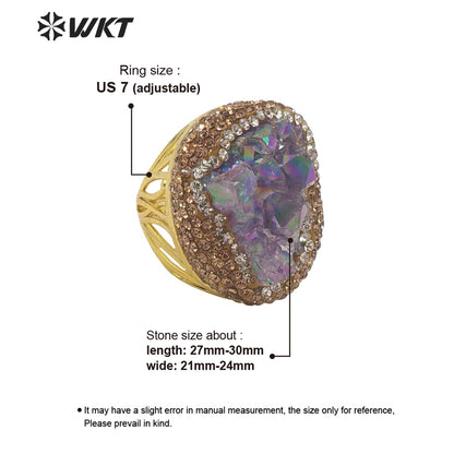 WT-R433 Fashion Oval Shape Aura Amethyst Stone Ring 18k Gold Bezel Setting Rhinestone Paved Druzy Amethyst Ring for Gift