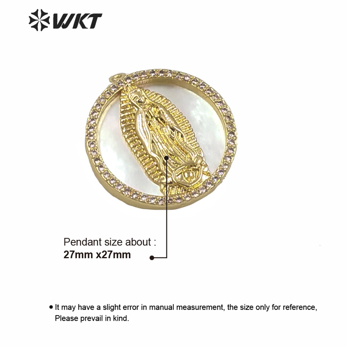 WT-MP144 WKT New Small Size White MOP Shell Virgin Mary Religious Pendant Hot Gold Electroplated Round Coin Mary Pendant