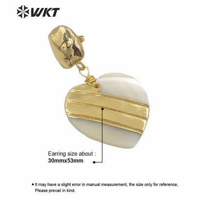 WT-MPE043 WKT Amazing Gold Electroplated Resist Tarnishable White Heart Shell Earrings Women Fashion Gold Wedding Earrings
