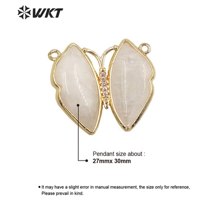 WT-P1881 Amazing Lifelike Lovely Natural Stone Butterfly Pendant Gold Double Loops Sun Stone Jewelry Pendant for Birthday Gift
