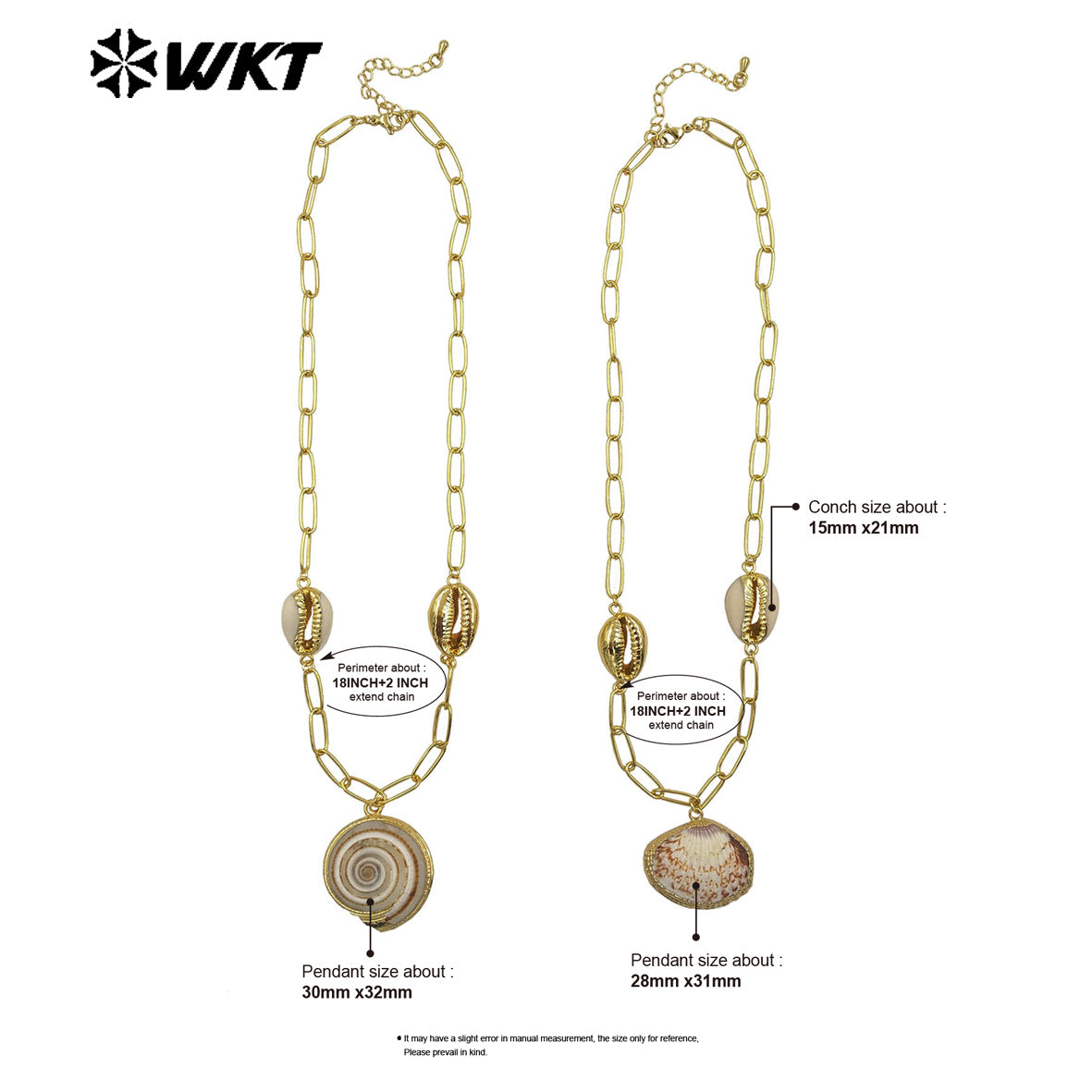 WT-JN318 Wonderful Design Natural Trumpet Shell Necklace One Big and Two Small Charms With Gold Plated Chain Women Jewelry