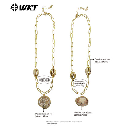 WT-JN318 Wonderful Design Natural Trumpet Shell Necklace One Big and Two Small Charms With Gold Plated Chain Women Jewelry