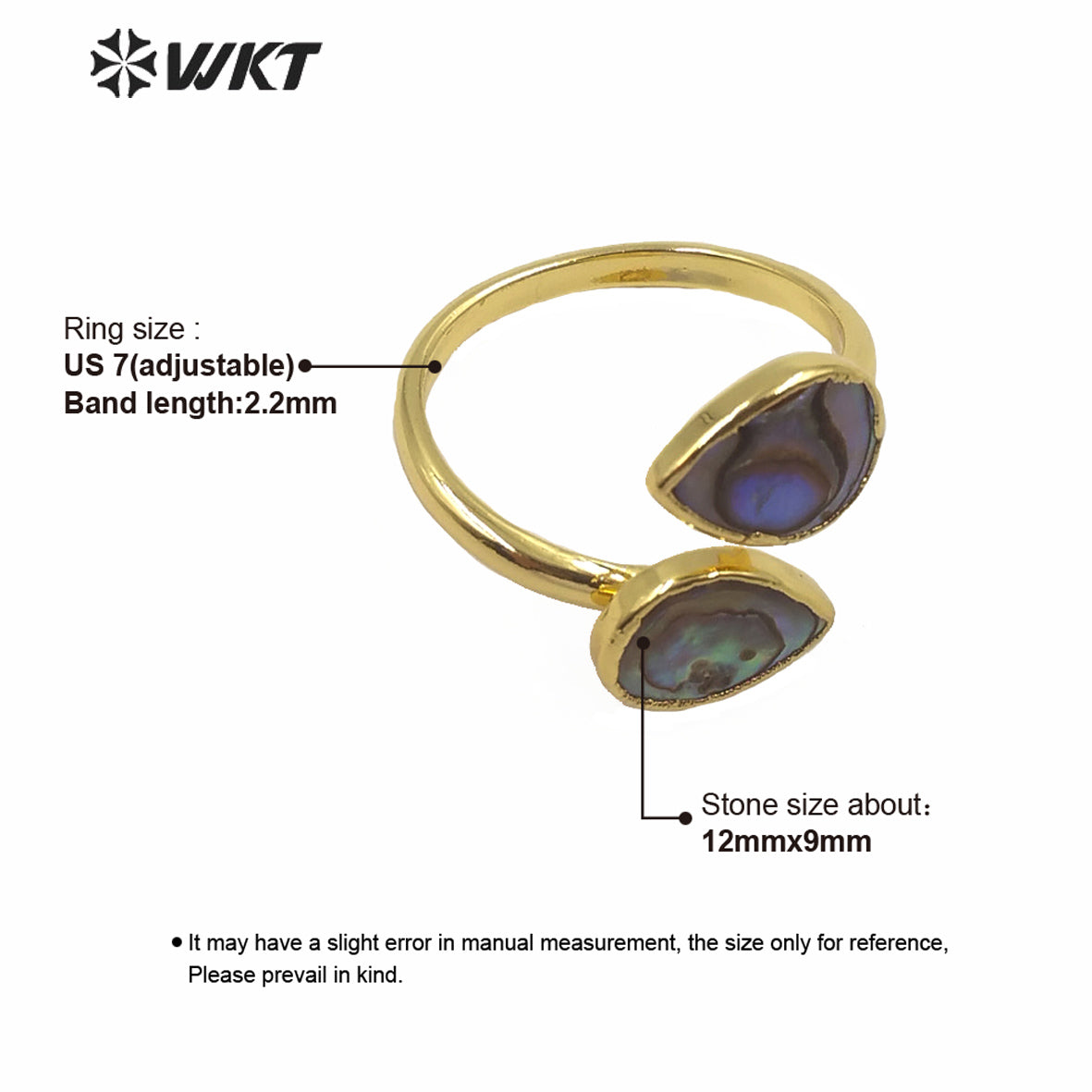 WT-MPR002 Women Adjustable Size Double Drop Green Abalone Shell Rings Gold Electroplated Summer Style Tea Drop Shell Rings