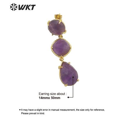 WT-E689 Wholesale Fashion Triple Stone Long Dangle Earrings Gorgeous Lady Prong Setting Natural Gemstone Birthday Stone Earrings