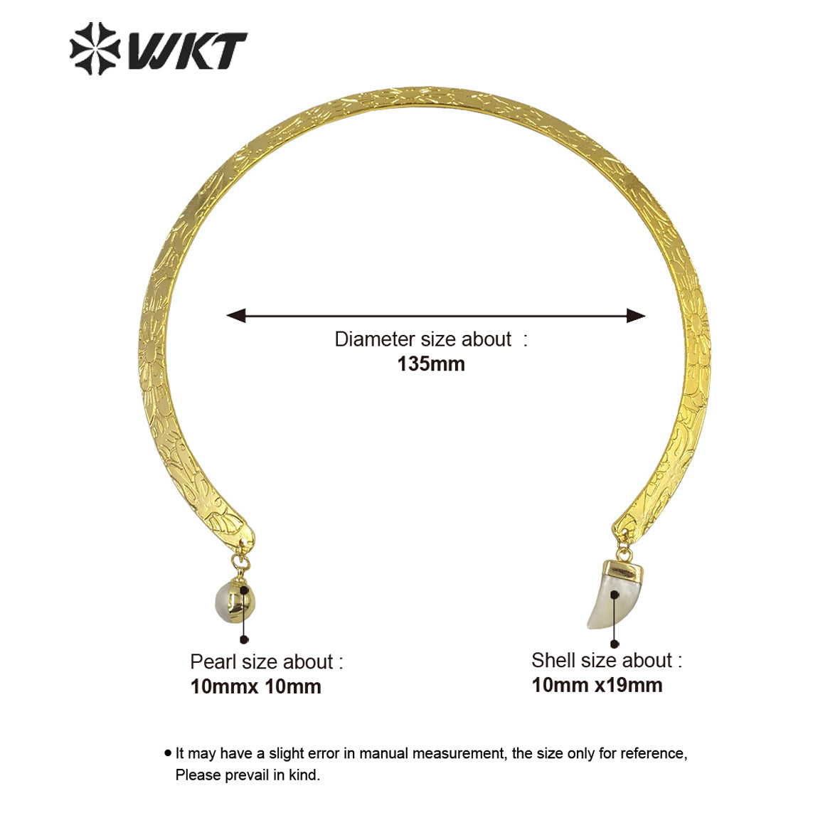WT-JN205 Newest Fashion 18k Real Gold Plated Resist Tarnishable Cuff Necklace with Pearl Charms Vintage Metal Horn Necklace