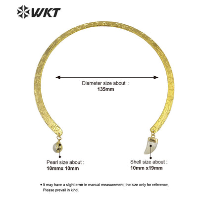 WT-JN205 Newest Fashion 18k Real Gold Plated Resist Tarnishable Cuff Necklace with Pearl Charms Vintage Metal Horn Necklace