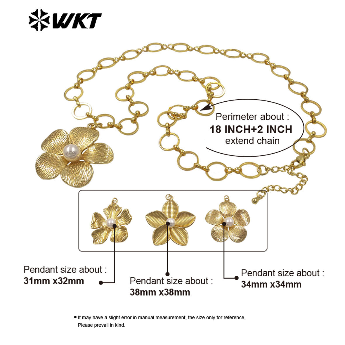WT-N1514 Lovely Gold Plated Round Metal Chain With Brass And Artificial Pearl Flowers Pendant Necklace As Girl Fashion Jewelry