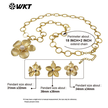 WT-N1514 Lovely Gold Plated Round Metal Chain With Brass And Artificial Pearl Flowers Pendant Necklace As Girl Fashion Jewelry
