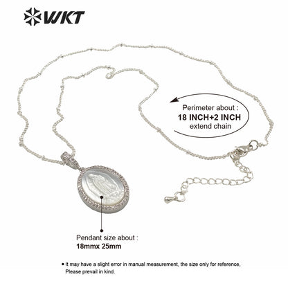 WT-MN968 Wholesale Natural MOP Shell Carved Micro Pave Setting Virgin Mary Necklace Women Platinum Plated Shell Mary Necklace