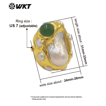 WT-MPR145 Amazing Luxury Gold Plated Random Shape Baroque Pearl With Natural Jade Rings Ladies Resist Tarnishable Jewelry Gift