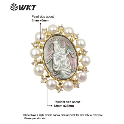 WT-JP276 WKT Gold Fashion Micro Pave Cubic Zircon Christian Religious Charm Pendant with Pearl Trim Royal Style Pearl Pendant