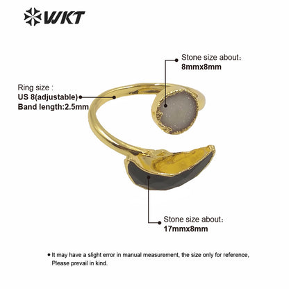 WT-R357 Wholesale Women Double Stone Cock Tail Ring Natural Gold Electroplated Druzy Agate Stone Ring Crescent Horn Stone Rings