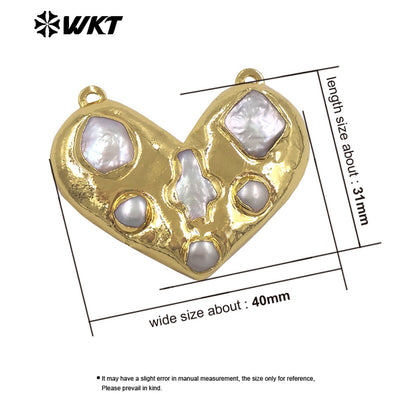 WT-PC019 Romantic Luxury Gold Plated Natural Freshwater Pearl Heart Connector With Double Hoops For Girls Necklace Making