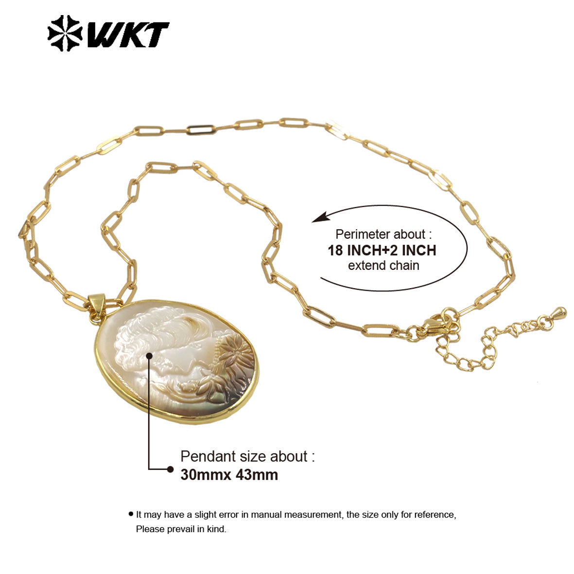 WT-JN338 Popular Sales Natural Shell Gold Plated Round Hand Carved Beauty Heads Pendant Necklace For Friends Birthday Gift