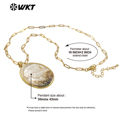 WT-JN338 Popular Sales Natural Shell Gold Plated Round Hand Carved Beauty Heads Pendant Necklace For Friends Birthday Gift