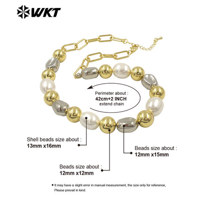 WT-JN305 the New Simple Natural Brass 18K Gold Plated Silver Round Flat Bead Shell Chain Necklace for Women As Special Gift