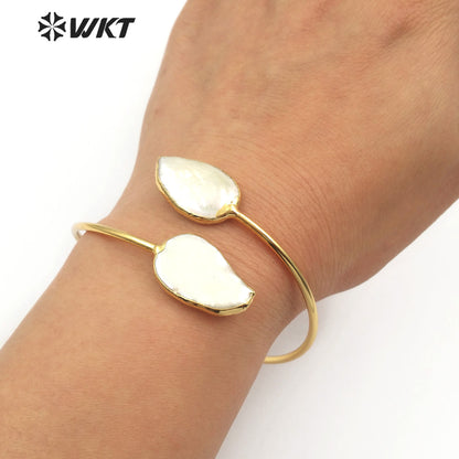 WT-B448 Jewelry in Teardrop Shape Adjustable Gold Bangle Pearl Cuff Wedding Bangle Double Natural Freshwater Pearl Bangle