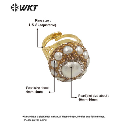 WT-MPR046 WKT Newest Handmade Rhinestone Setting Multi Pearl Ring Women Gold Plated Freshwater Pearl Wedding Ring for Gift