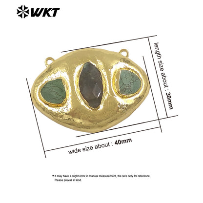 WT-C338 Wholesale Gold Electroplated Three Natural Gemstones Oval Charms Connectors With Double Hoops For Bracelets DIY Design