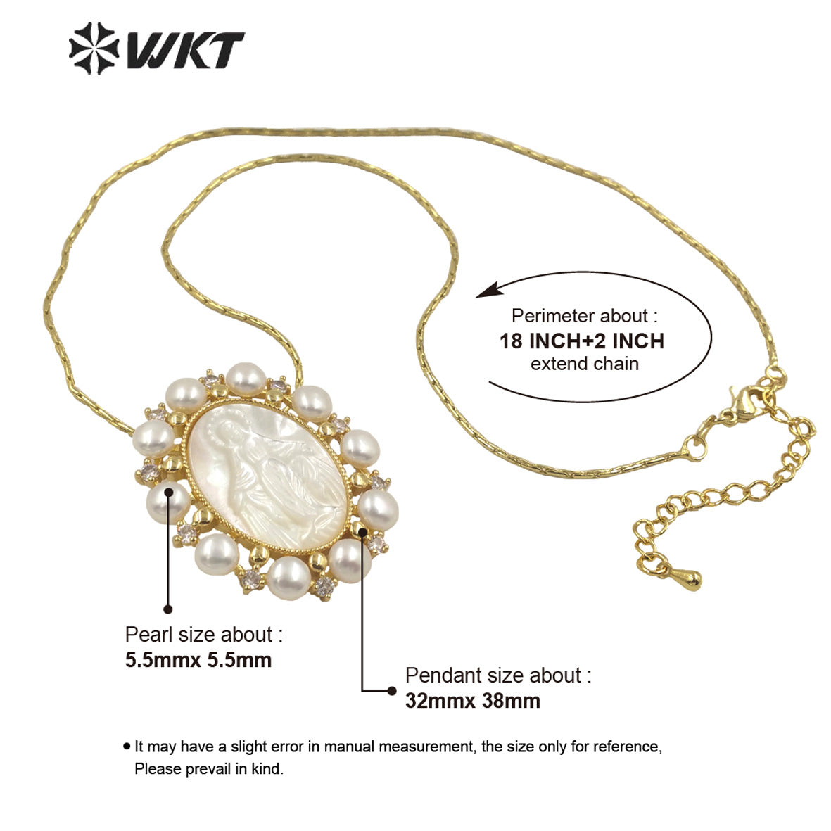 WT-JN164 WKT Wholesale Beautiful White Shell&pearl Nice Wedding Jewelry Necklace for Women Fashion Religious Mary Necklace
