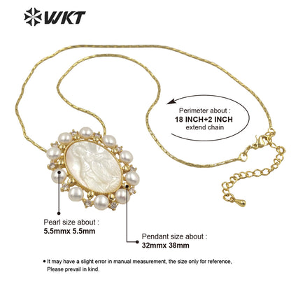 WT-JN164 WKT Wholesale Beautiful White Shell&pearl Nice Wedding Jewelry Necklace for Women Fashion Religious Mary Necklace