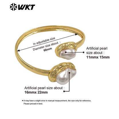 MPB133 Popular Simple Design 18K Gold Plated With Two Artificial Pearls Lady Cuff Bangles For Daily Wearing Decorations