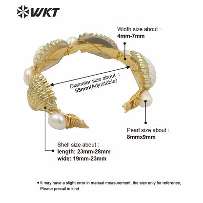 WT-MPB025 WKT Newest Gold Electroplated Natural Scallop Shell Cuff Bangle Amazing Gold Hand Make Wire Wrapped Shell Bangle