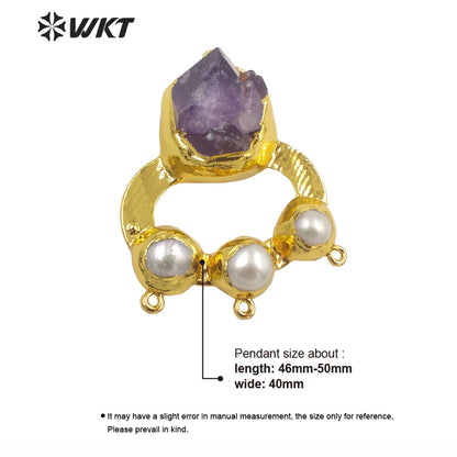 WT-P1950 Wholesale Fashion Handmade Carved Natural Amethyst and Pearl Pendant for Lady Necklace Design Pendants