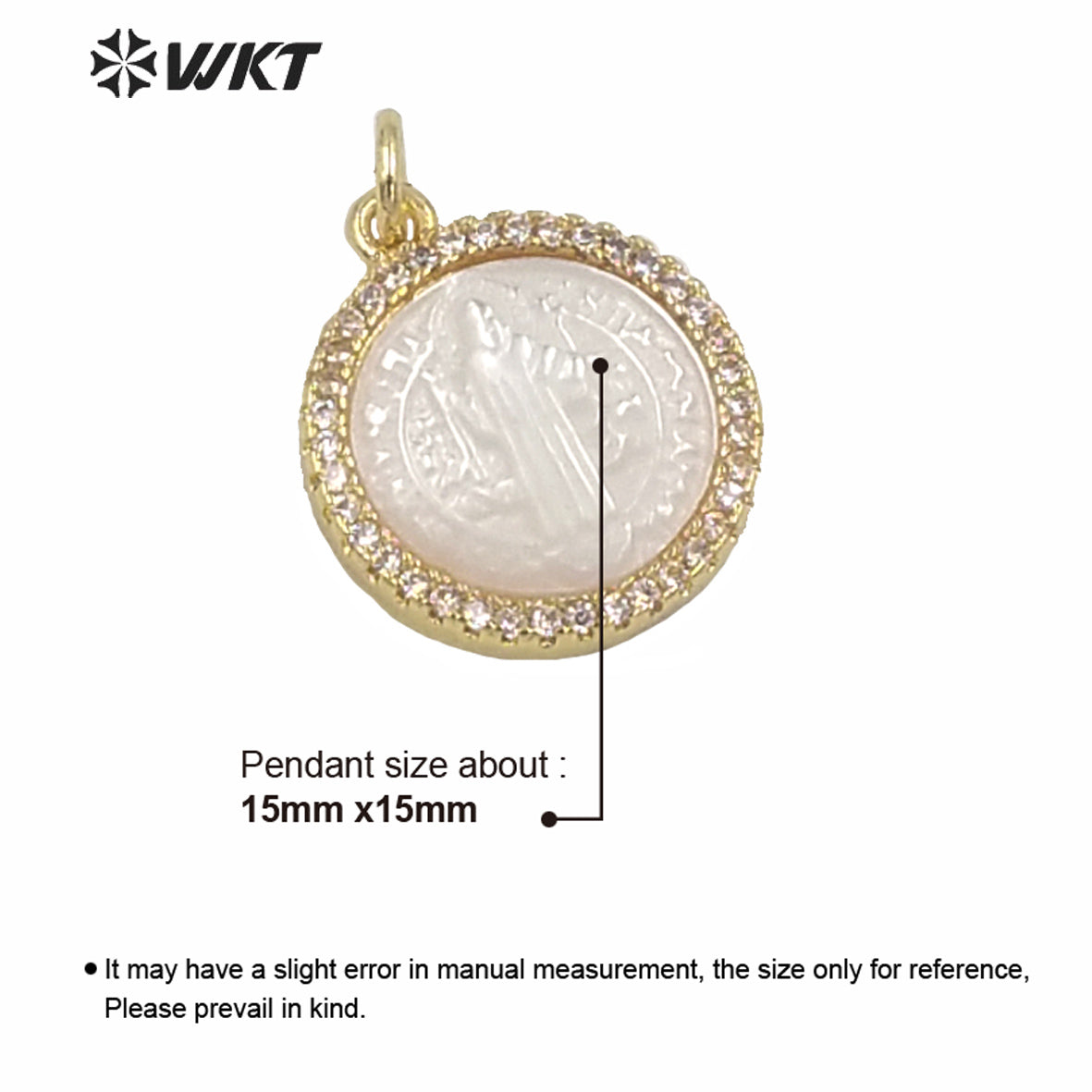 WT-MP164 Wholesale New Gold Electroplated Cubic Zircon Round Jehovah People Image Pendant 15mm Christian White Shell Pendant