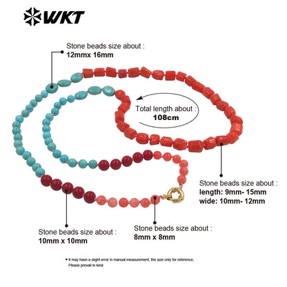 WT-N1504 High Quality Length 108CM Natural Turquoise And Red Coral Splicing Long Women Necklace For Party Matching Jewelry