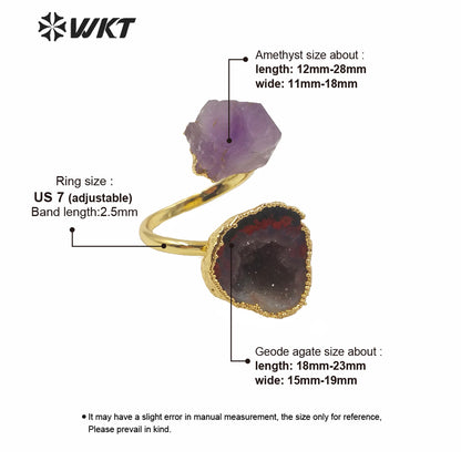 WT-R360 WKT Exclusive Natural Amethyst and Gedoe Agate Stone Ring Fashion Double Stone 18k Real Gold Plated Amethyst Rings