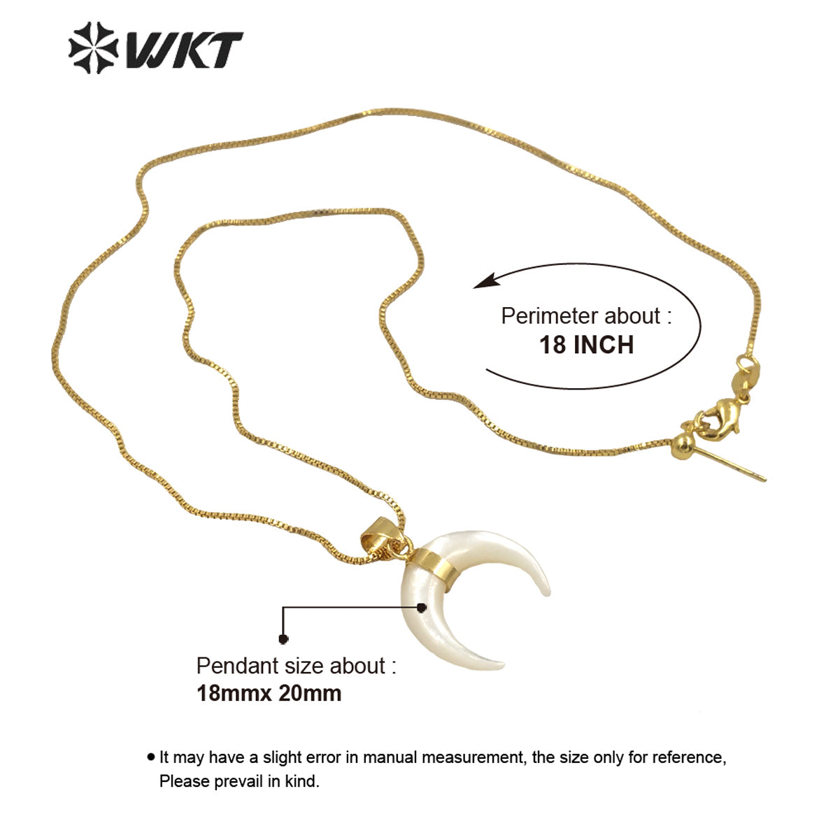 WT-JN147 Wholesale Hot Sale 2023 Bright Natural Mother of Pearl Crescent Horn Necklace 18K Real Gold Plated Bezel Tiny Horn Chain