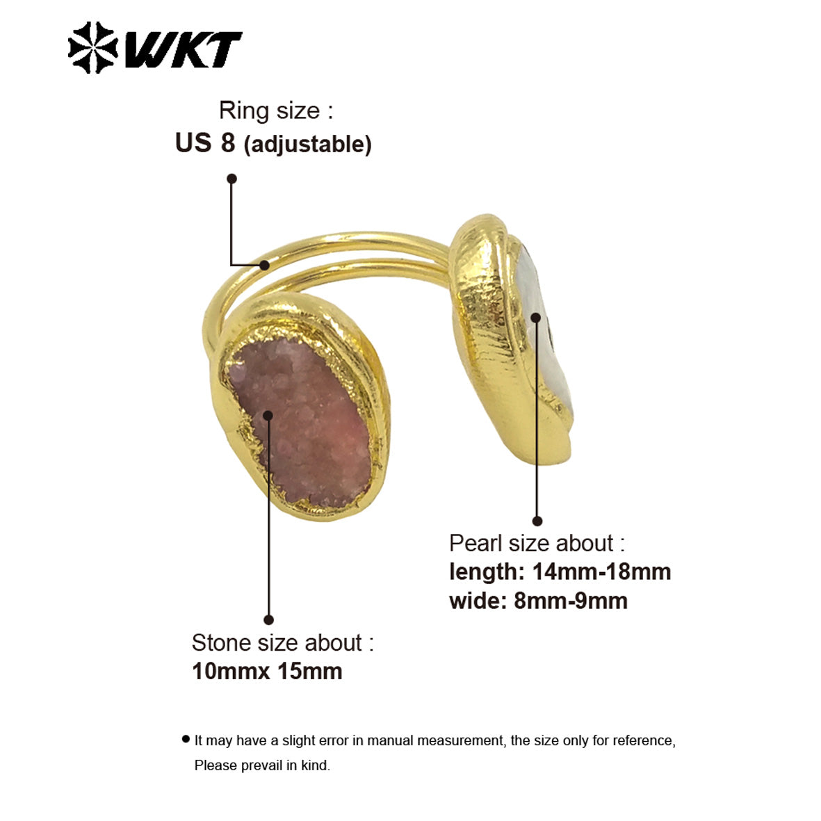 WT-MPR118 New Product Explosion Fashion 18K Gold Plated Pearl Druzy Quartz Double Stone Open Size Ring for Women As Special Gift