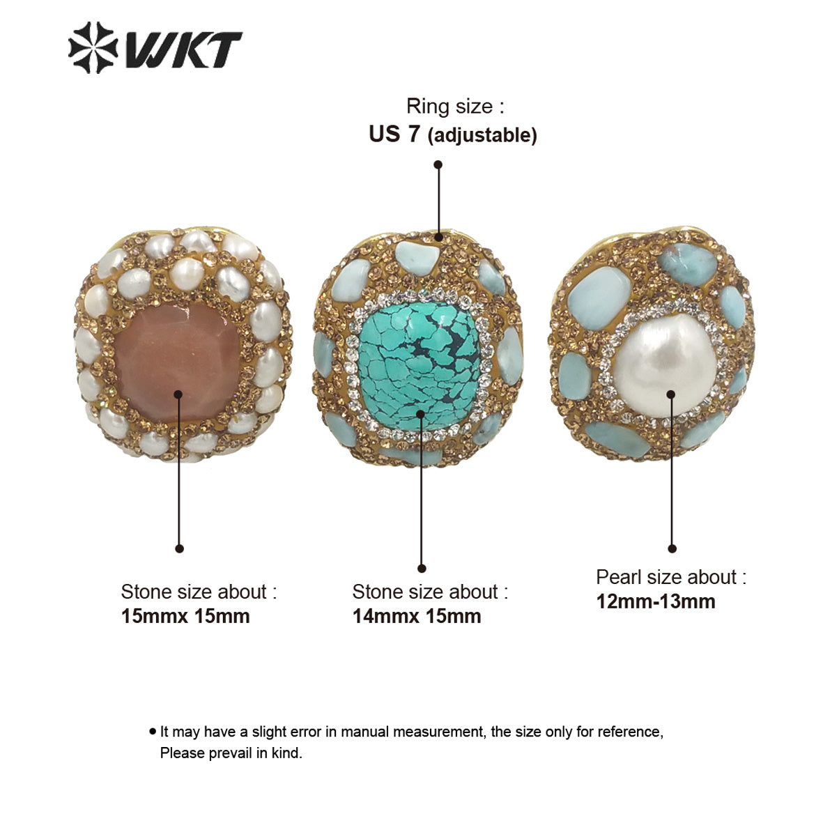WT-R445 Wholesale Fashion 18k Gold Plated Gorgeous Rhinestone Decorative Turquoise Pearl Party Ring Daily Wearing Women Rings