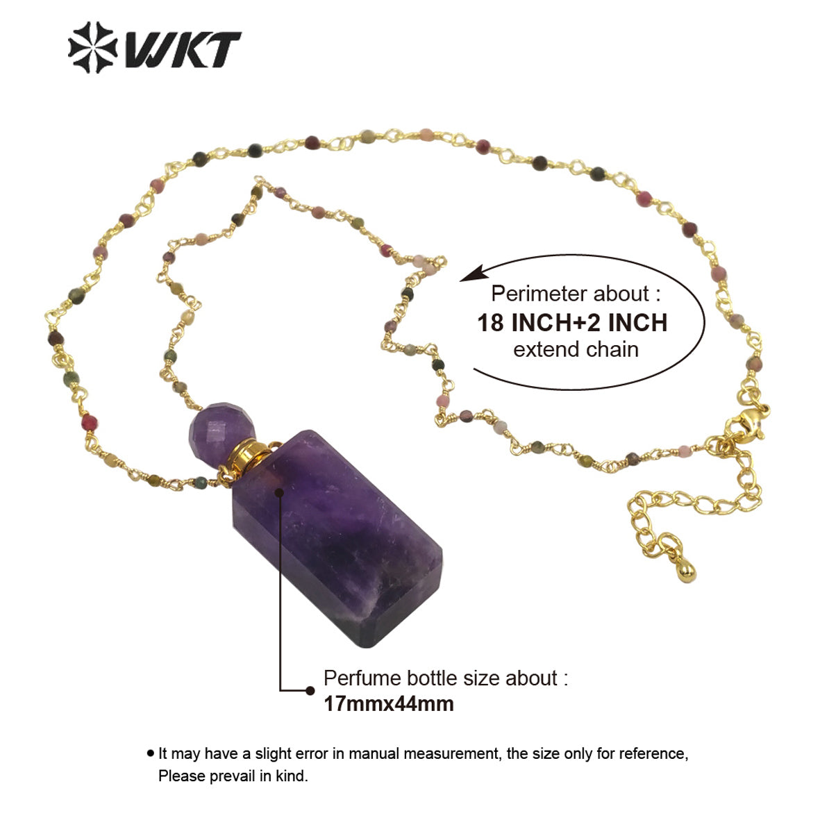 WT-N1276 Wholesale Natural Long square Stone Quart Perfume Bottle Necklace Colorful Tourmaline Beads Rosary Chain Perfume Bottle