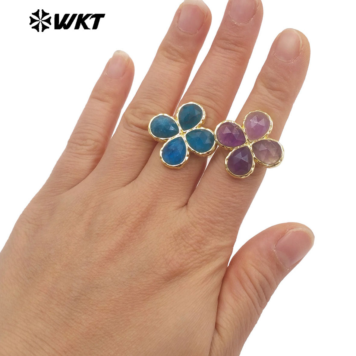 WT-R601 Beautiful 18K Gold Electroplated Natural Gemstones Flower Shape Rings Adjustable For Women Fashion Style Jewelry