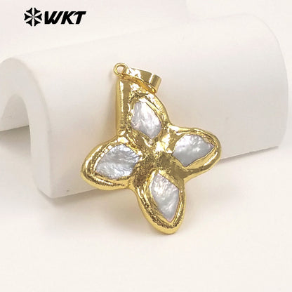 WT-JP509 Wonderful Popular 18K Gold Plated Natural Freshwater Pearl Pointed Little Cross Pendant For Trendy Necklace Making