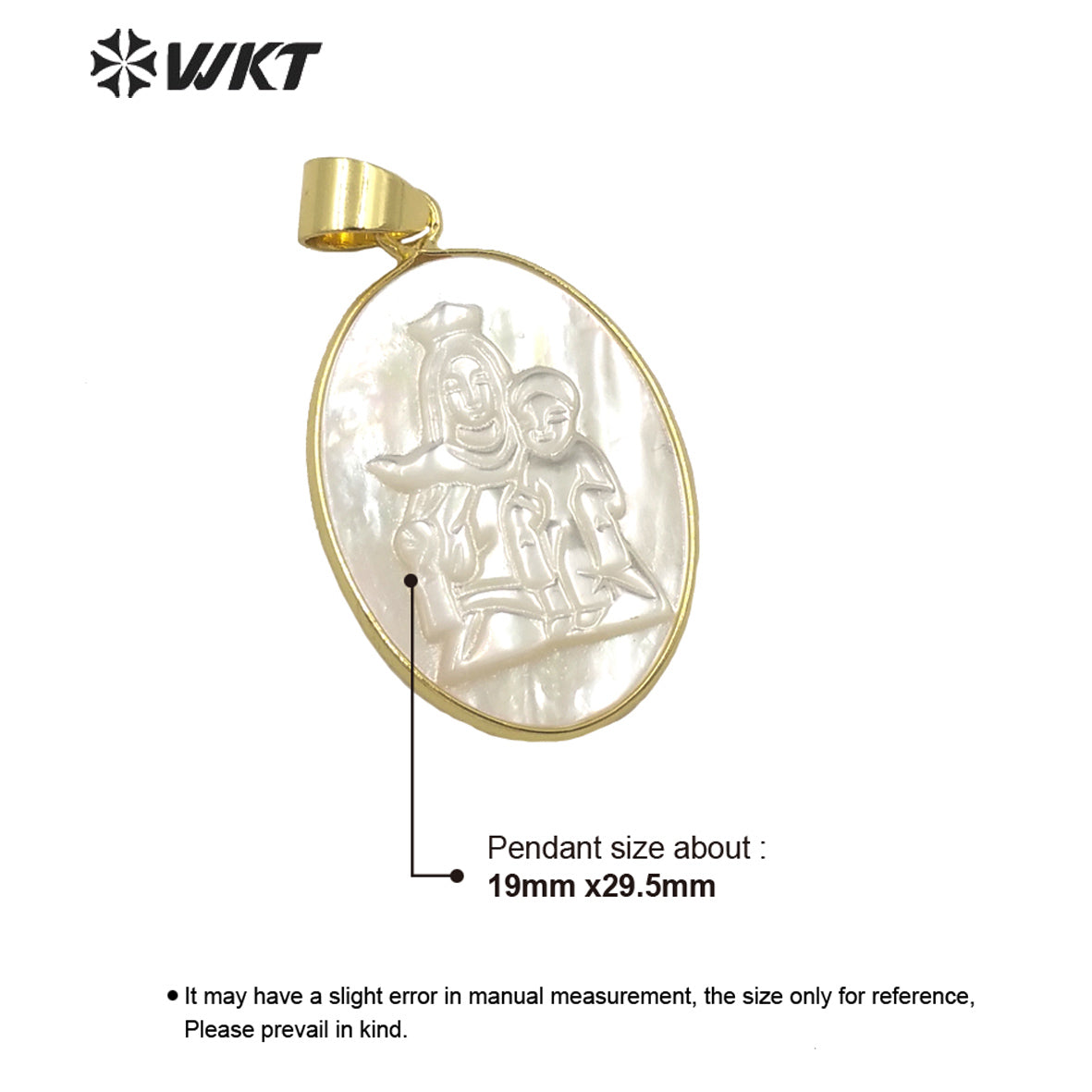 WT-JP265 Newest Hand Carved White Mother of Pearl Shell Mother and Son Image Pendant Gold Bezel Oval Religious Jewelry Pendant