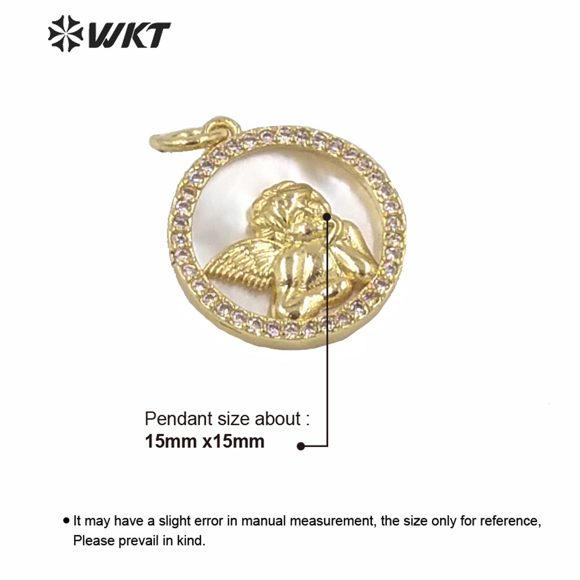 WT-MP161 Wholesale New Gold Electroplated Small Round Coin Angel Pendant Women Fashion Cubic Zircon Setting Angel Pendant Jewel