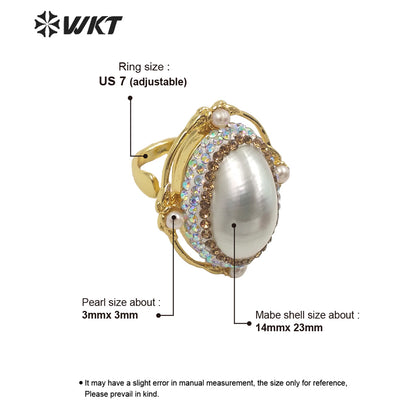 WT-MPR047 Amazing Elegant White Mabe Shell Ring 18k Gold Plated Rhinestone Setting Women White Shell Anniversary Ring