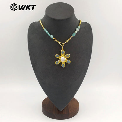 WT-JN379 Delicate Gold Plated Brass Splicing Beads Chain With Natural Stone And Pearl Flower Shape Pendants Necklaces As Gift