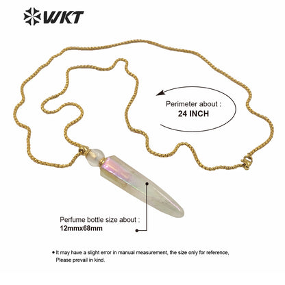 WT-N1258 Wholesales Gorgeous Long Angel Color Crystal Quartz Point Essential Oil Bottle Necklace Gorgeous Aura Stone Necklace