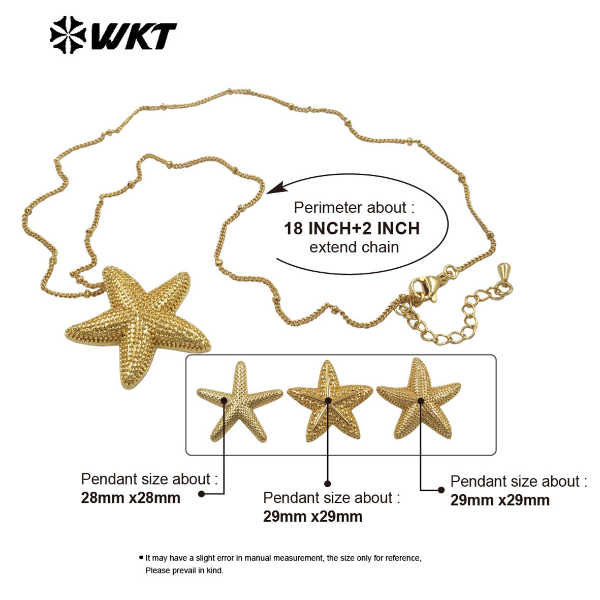 WT-N1518 Trendy Ocean Series Gold Electroplated Metal Yellow Brass Starfish Pendant Necklaces As Female Jewelry Wearing