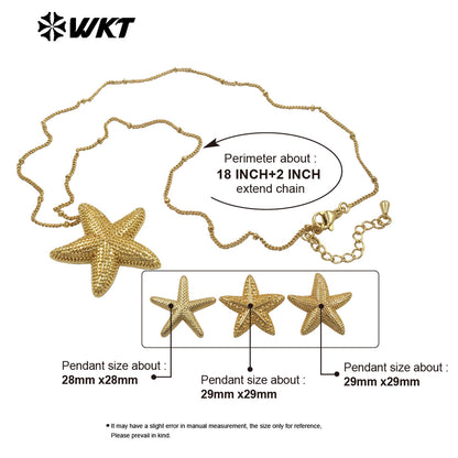 WT-N1518 Trendy Ocean Series Gold Electroplated Metal Yellow Brass Starfish Pendant Necklaces As Female Jewelry Wearing