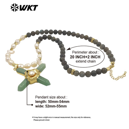 WT-JN375 High Quality Women Beautiful Gold Plated Natural Gemstones And Pearl Splicing Chain With Stone Cross Pendant Necklace