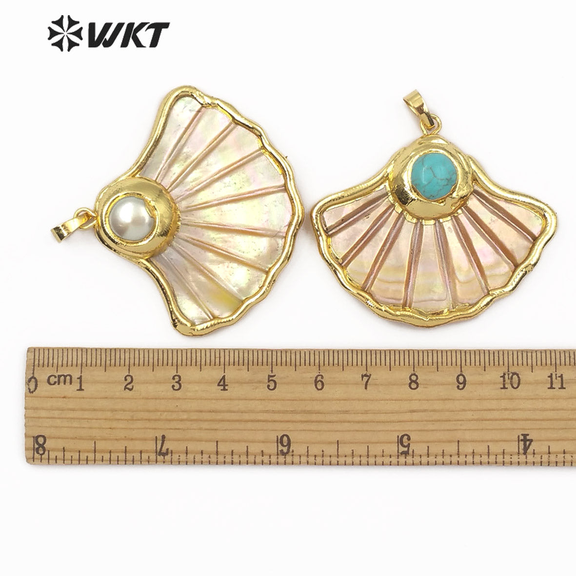 WT-JP101 Gold Scallop Shell Fan-shaped Top with Pearl or Turquoise Embellishment with Two Choices of Gold Plated Shell Pendants