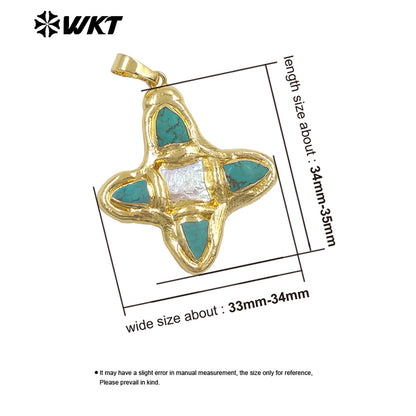 WT-P2036 Popular Sale Gold Electroplated Natural Turquoise And Pearl Pointed Cross Pendants As Handmade Necklace Accessory