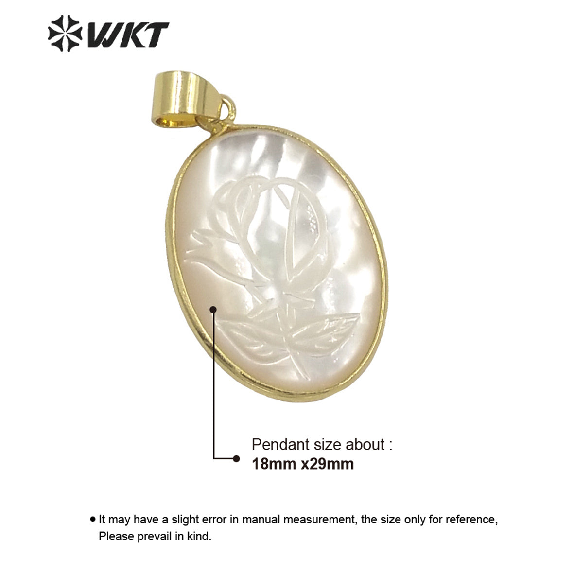 WT-JP266 WKT European Design Gold Electroplated Bezel Mother of Pearl Rose Flower Pendant Hand Carved White Oval Shell Flower