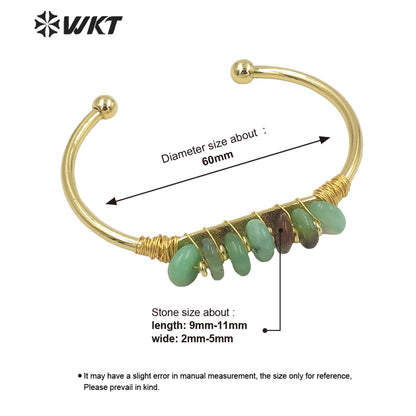 WT-B580 WKT Lovely Popular Gold Electroplated Open Size Cuff Bangle Women Bohemian Natural Gemstone Beads Wire Wrapped Bangle