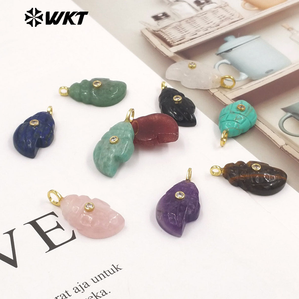 WT-P2122 Popular Lovely Style Natural Gemstones And Zircon Conch Shape Pendants For Handmade Earrings DIY Accessories